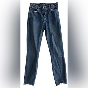 Abercrombie dark wash high rise skinny jeans, cut off hem
